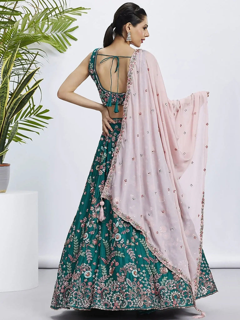 Attractive Teal Green Embroidered Georgette Lehenga Choli With Dupatta - Ethnic Plus In