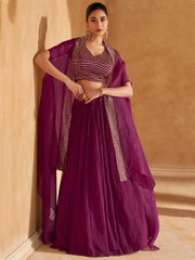 Attractive Wine Chinon Party Wear Lehenga Choli With Jacket - Ethnic Plus In