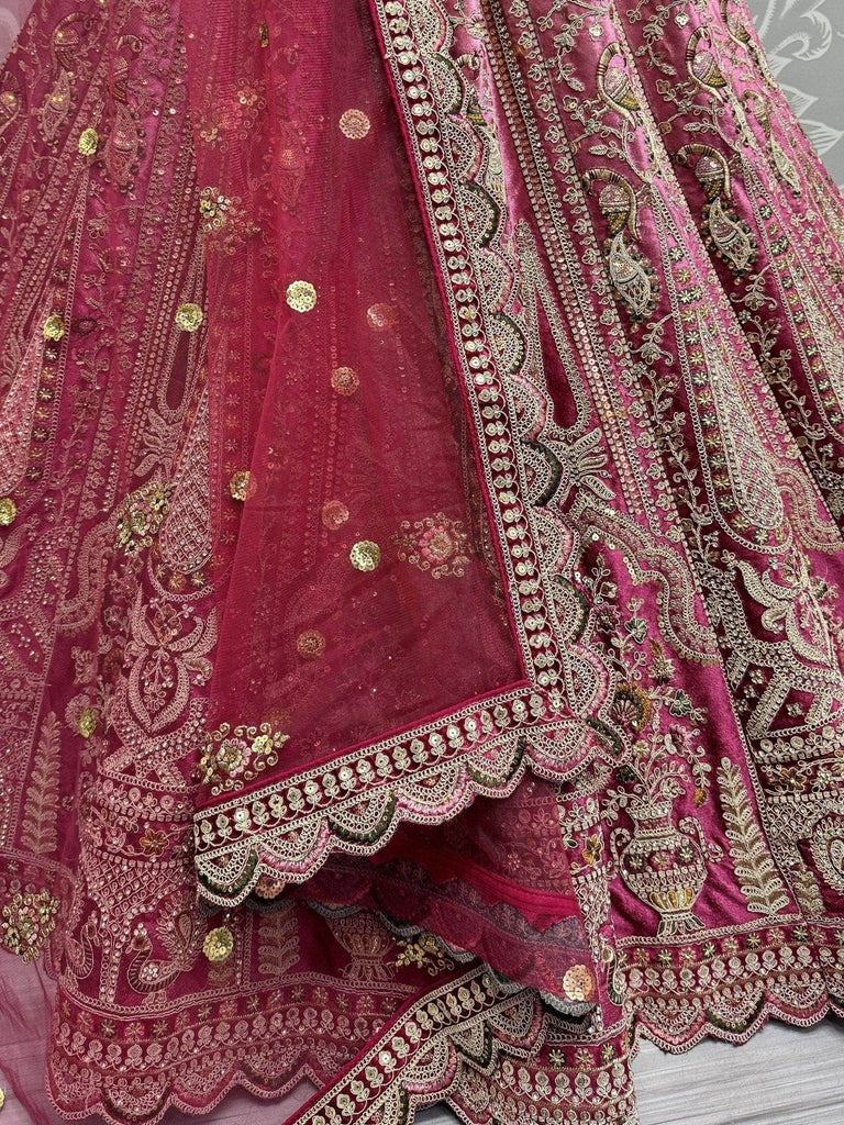 Attractive Wine Velvet Bridal Lehenga Choli With Dupatta - Ethnic Plus In