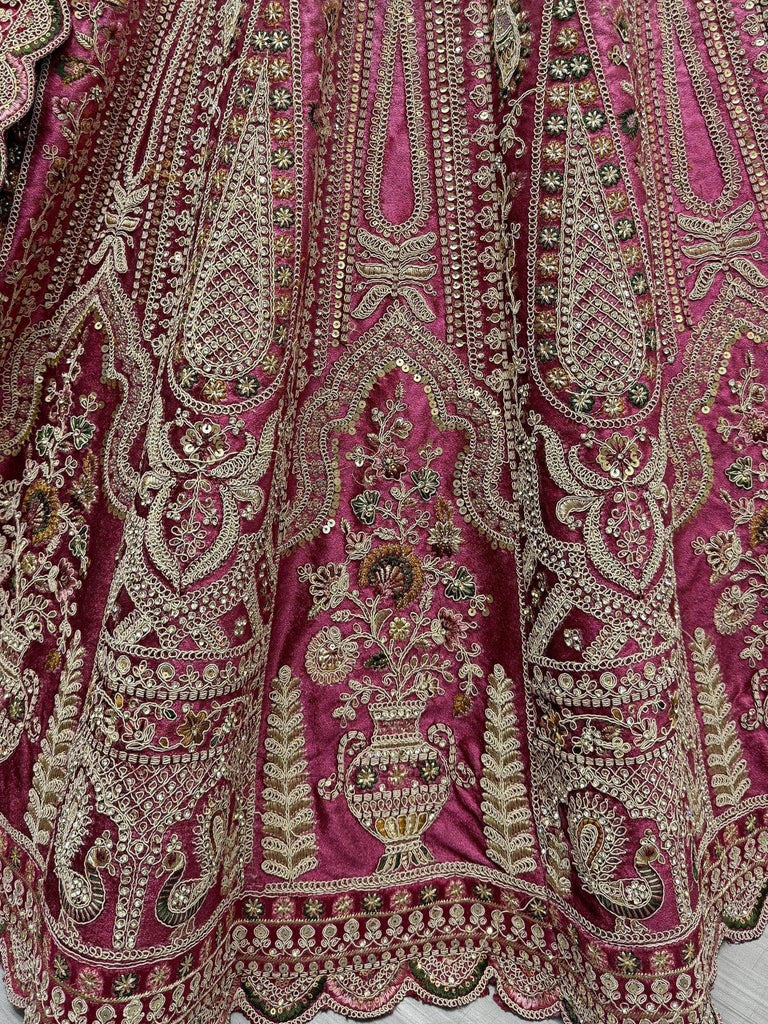 Attractive Wine Velvet Bridal Lehenga Choli With Dupatta - Ethnic Plus In