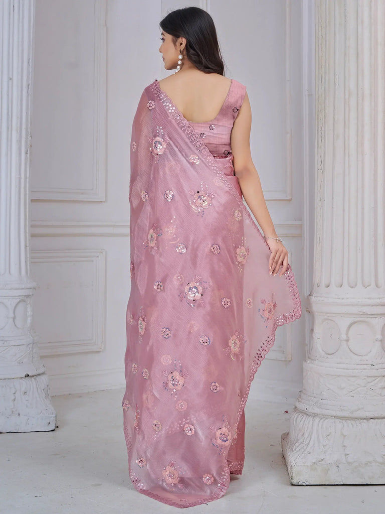 Attractive Baby Pink Sequins Organza Event Wear Saree With Blouse