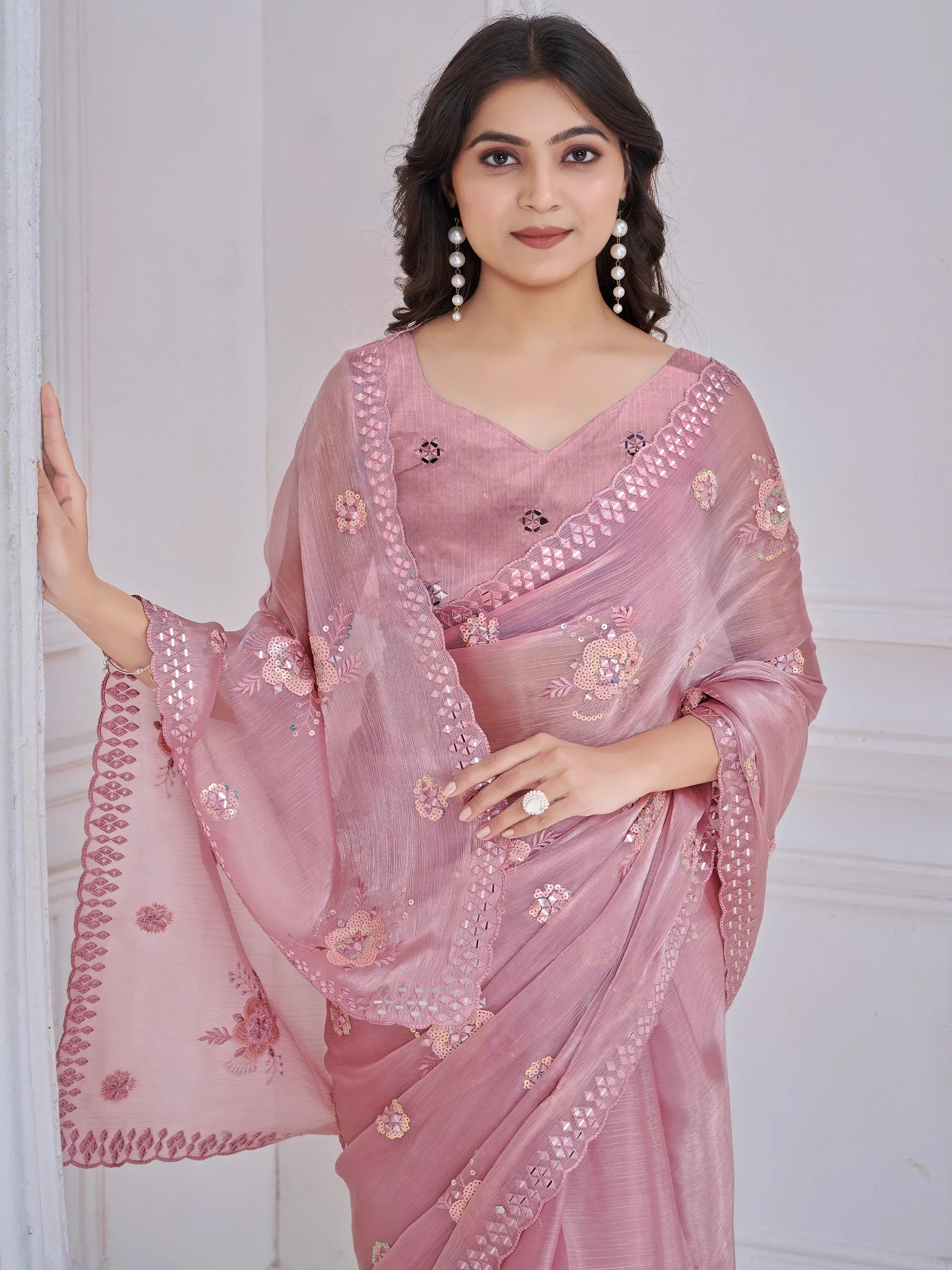 Attractive Baby Pink Sequins Organza Event Wear Saree With Blouse