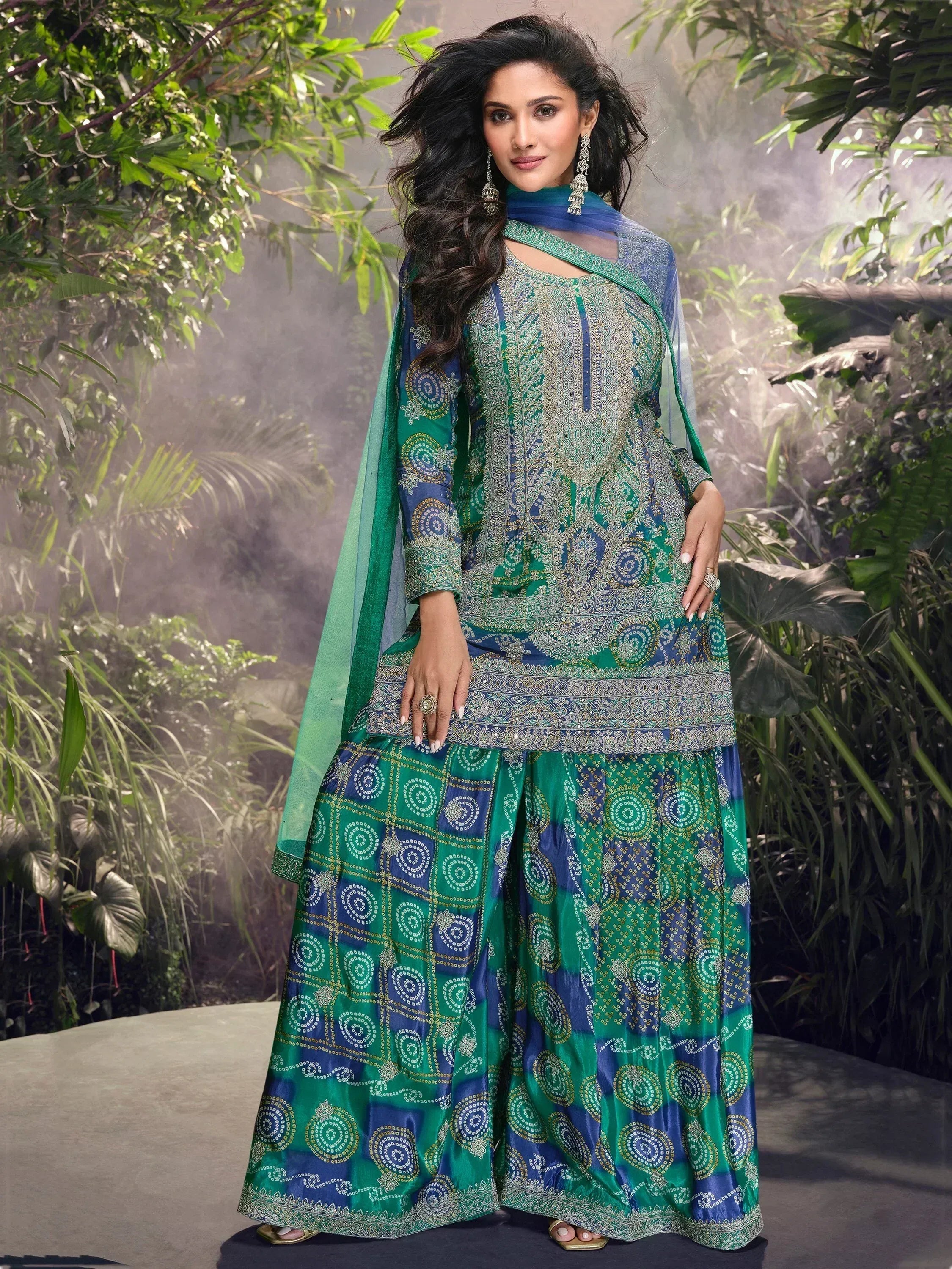 Green and blue printed ethnic salwar kameez with dupatta, perfect for festive occasions