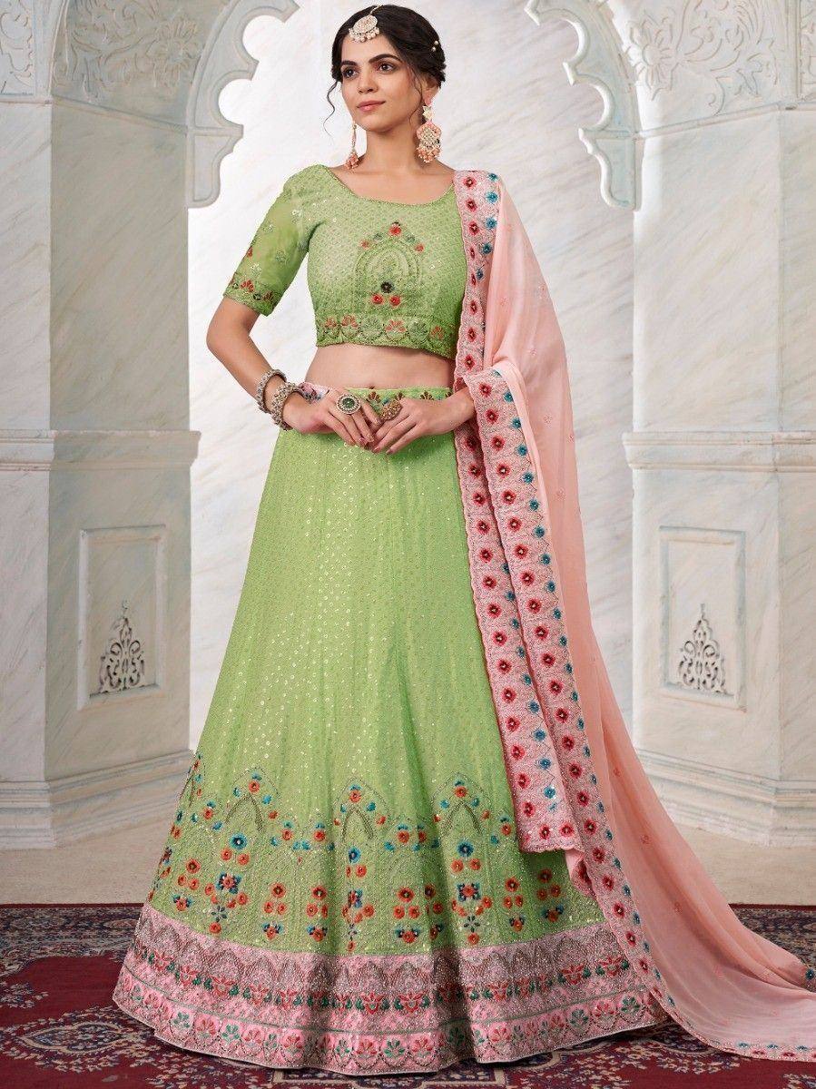 Green embroidered lehenga choli with pink dupatta, Indian ethnic wear for women