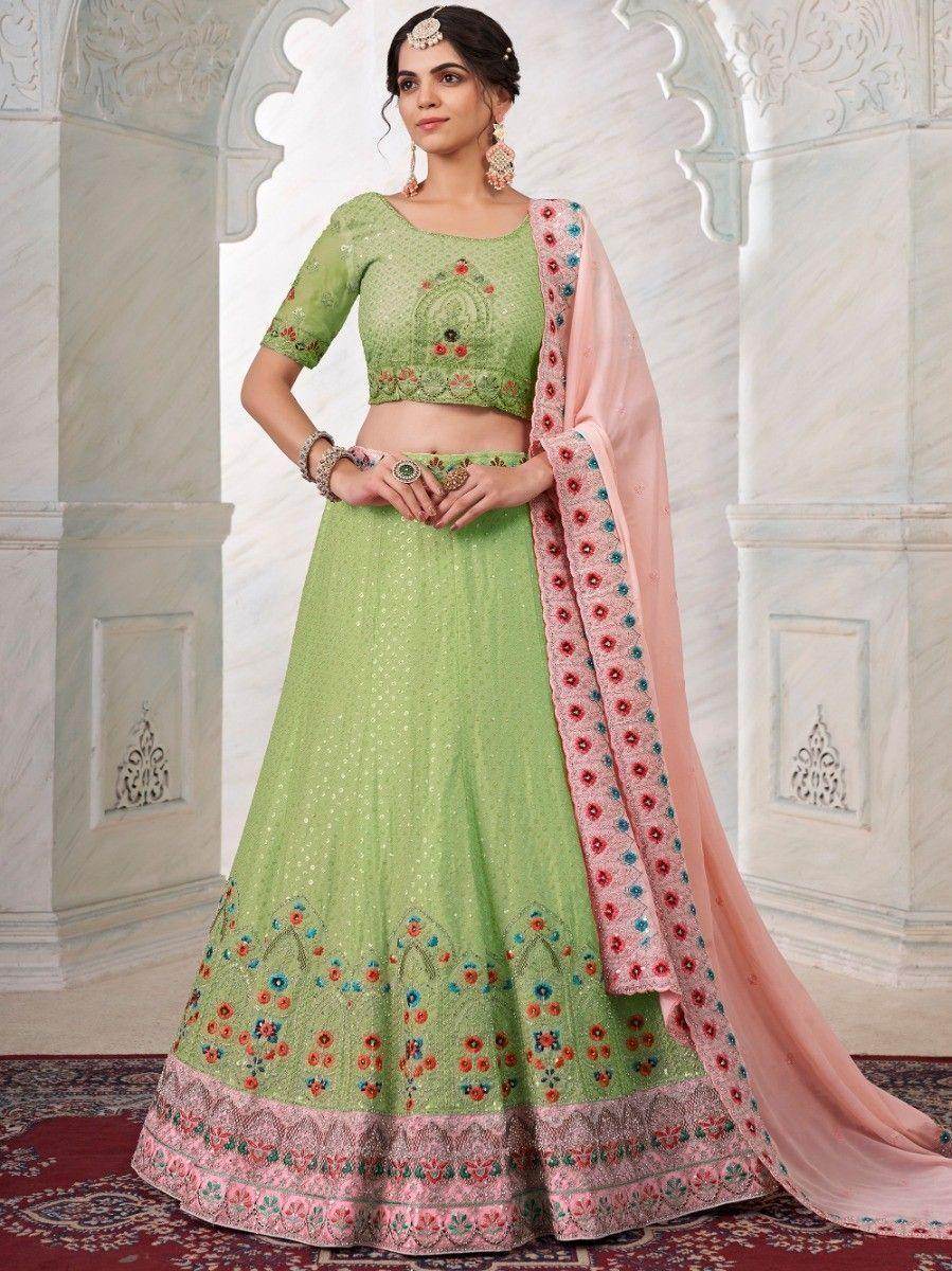 Attractive Green Floral Embroidered Georgette Lehenga Choli