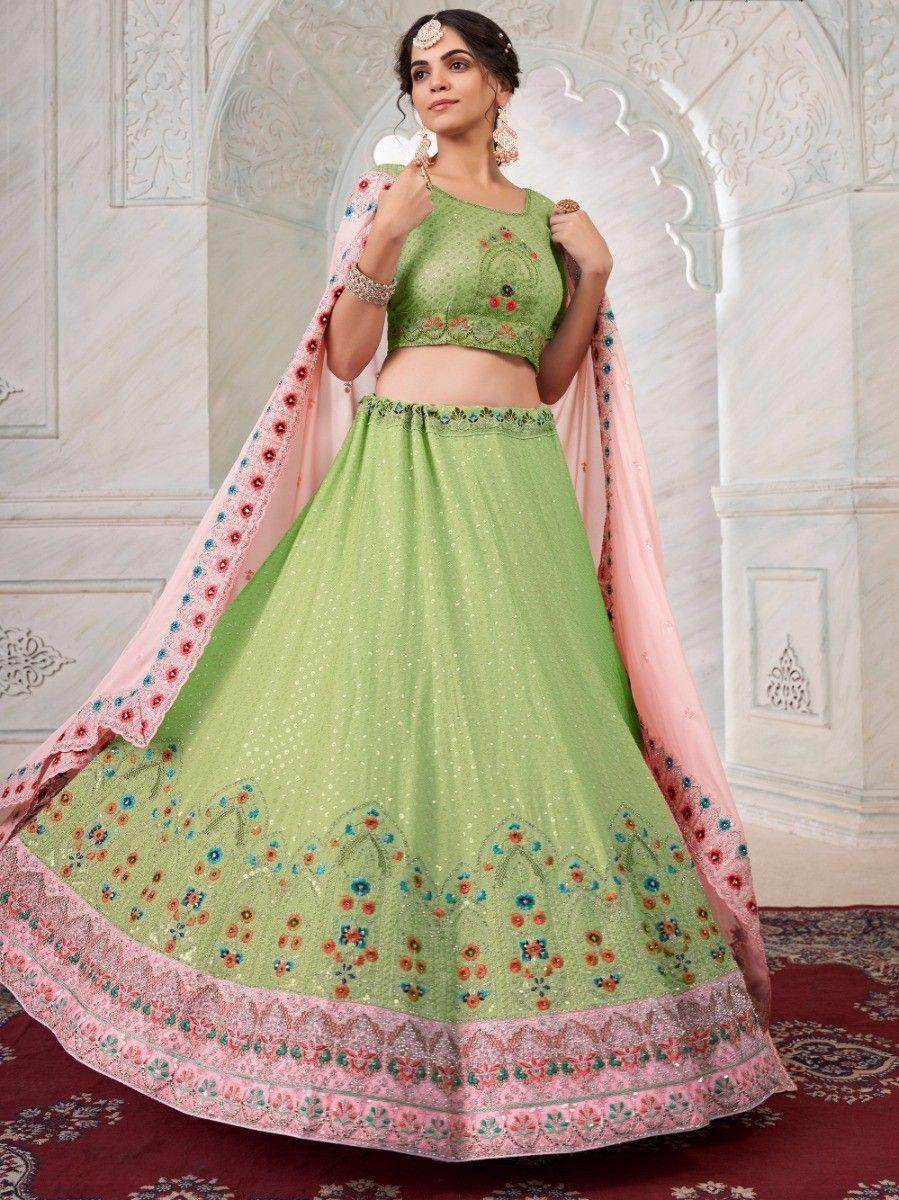 Attractive Green Floral Embroidered Georgette Lehenga Choli