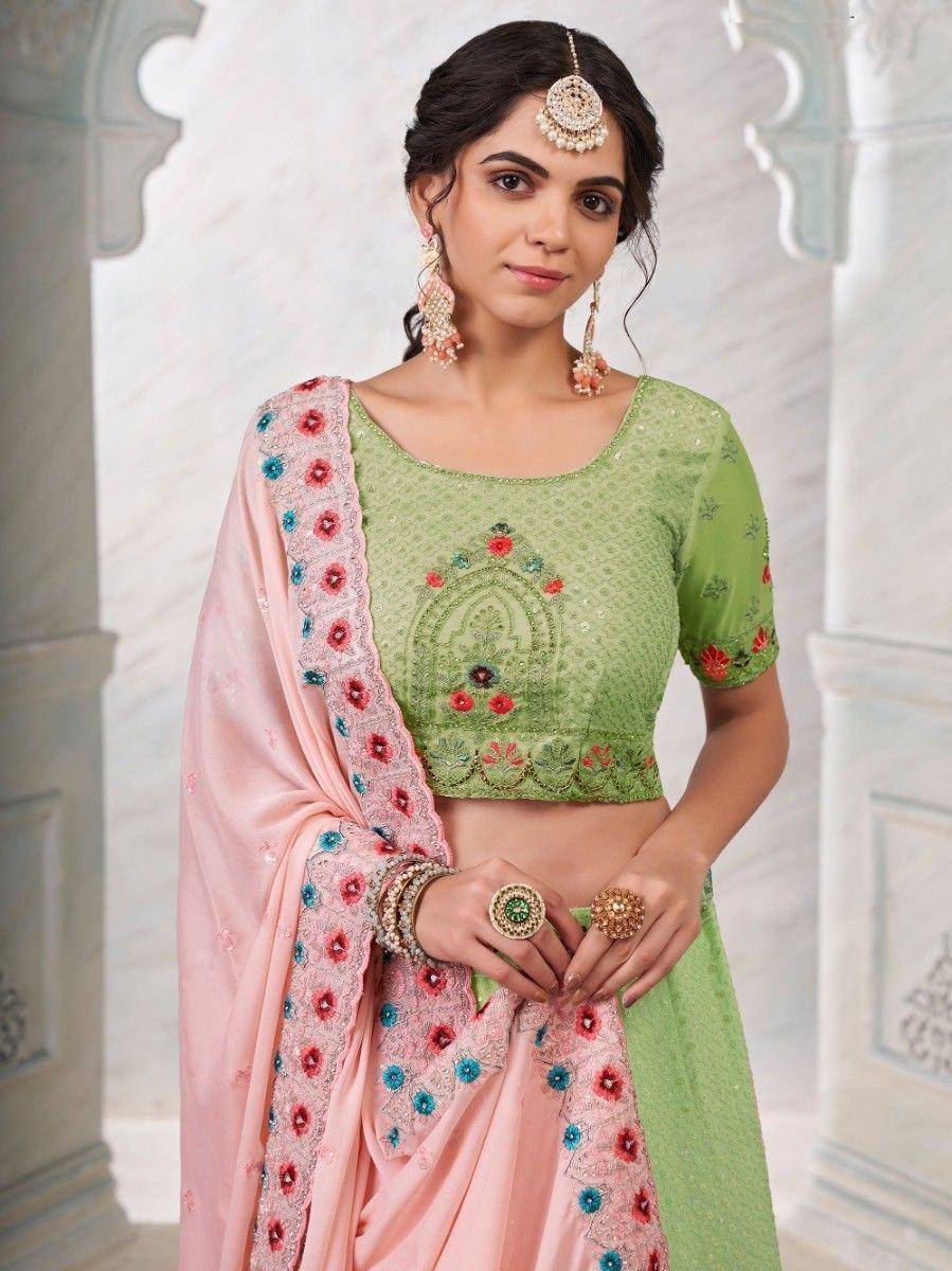 Green embroidered crop top with pink floral dupatta, Indian ethnic wear for women