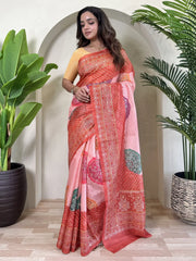 Attractive Peach Bandhani Printed Tissue Silk Casual Wear Saree