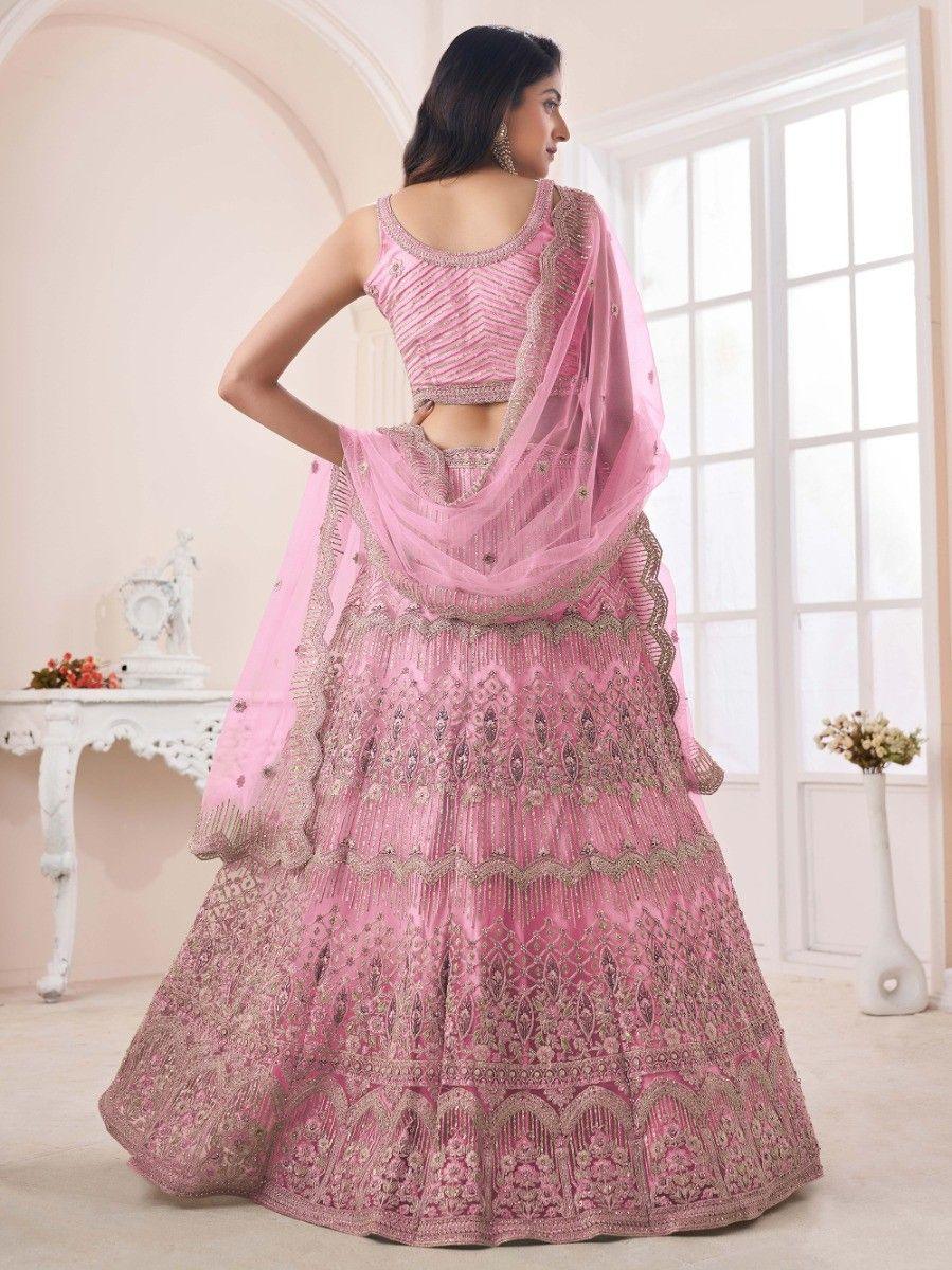 Attractive Pink Pearl Work Net Bridesmaid Lehenga Choli With Dupatta
