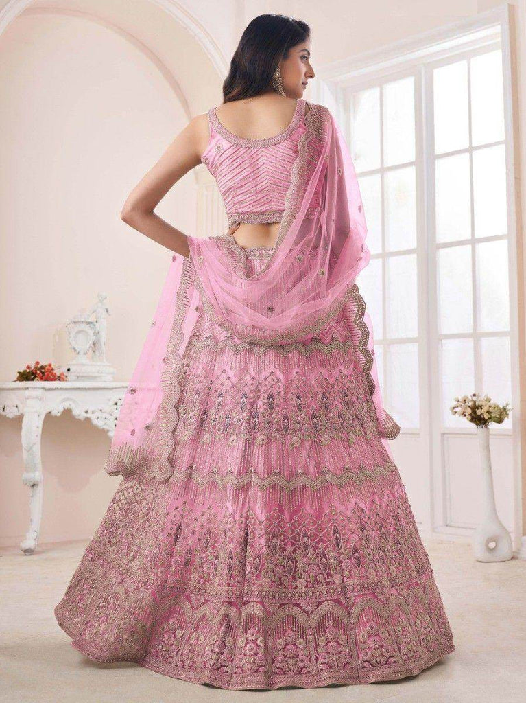 Attractive Pink Pearl Work Net Bridesmaid Lehenga Choli With Dupatta