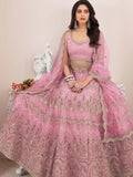 Attractive Pink Pearl Work Net Bridesmaid Lehenga Choli With Dupatta
