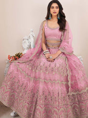 Attractive Pink Pearl Work Net Bridesmaid Lehenga Choli With Dupatta