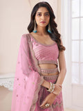 Attractive Pink Pearl Work Net Bridesmaid Lehenga Choli With Dupatta