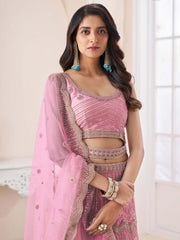 Attractive Pink Pearl Work Net Bridesmaid Lehenga Choli With Dupatta