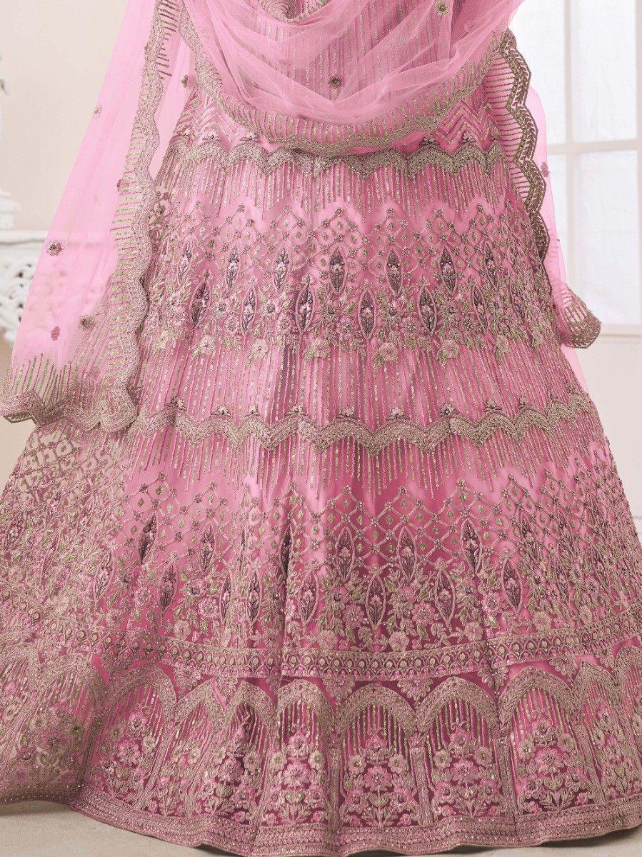Attractive Pink Pearl Work Net Bridesmaid Lehenga Choli With Dupatta