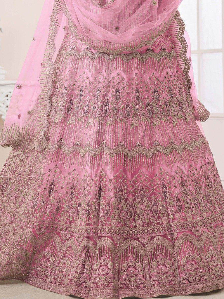 Attractive Pink Pearl Work Net Bridesmaid Lehenga Choli With Dupatta