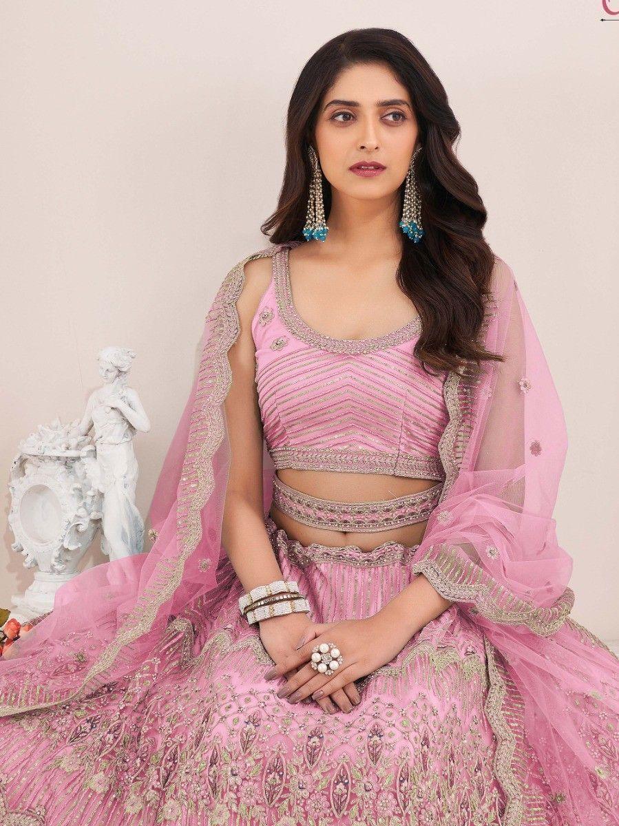 Attractive Pink Pearl Work Net Bridesmaid Lehenga Choli With Dupatta