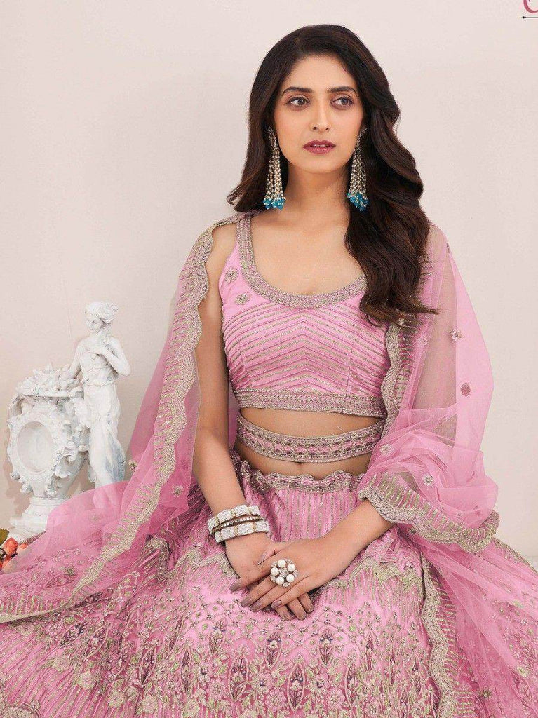 Attractive Pink Pearl Work Net Bridesmaid Lehenga Choli With Dupatta