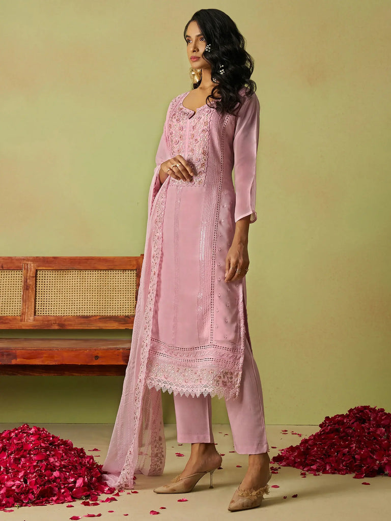 Attractive Pink Thread Work Organza Festival Wear Pant Suit