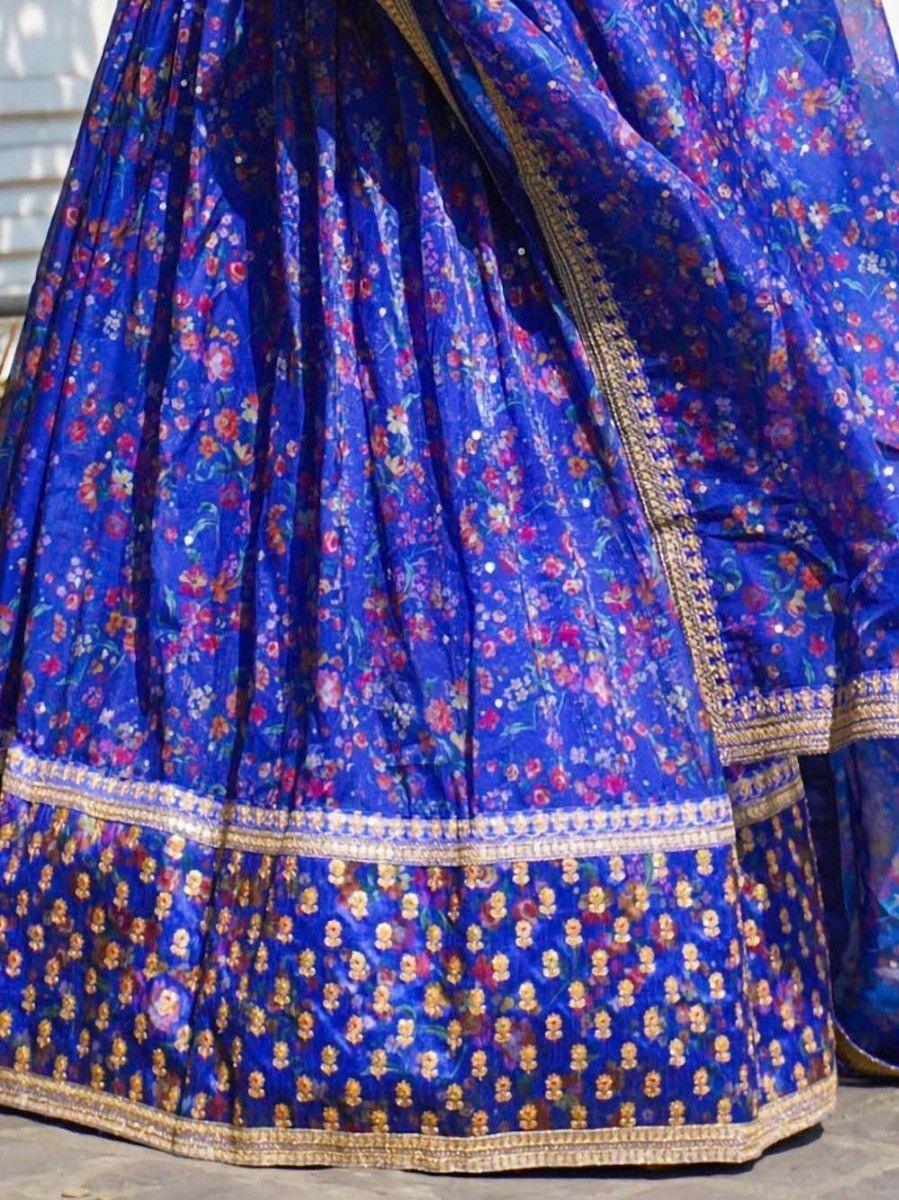 Attractive Royal Blue Floral Printed Organza Reception Lehenga Choli