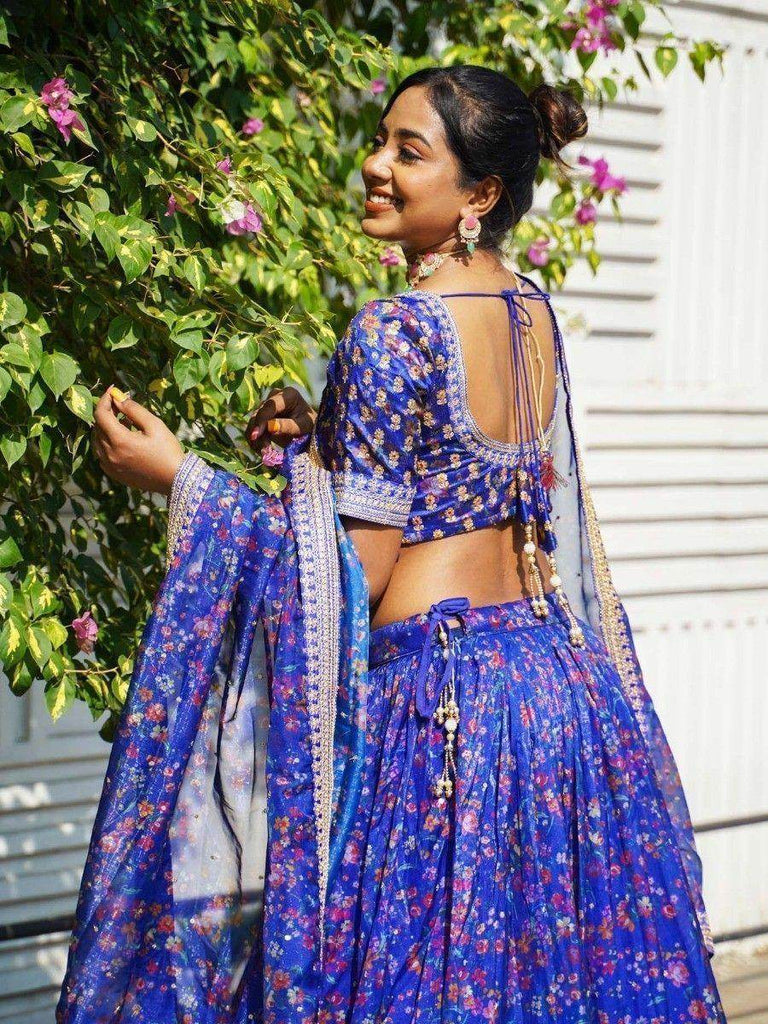 Attractive Royal Blue Floral Printed Organza Reception Lehenga Choli