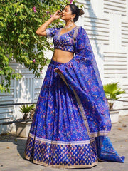 Attractive Royal Blue Floral Printed Organza Reception Lehenga Choli
