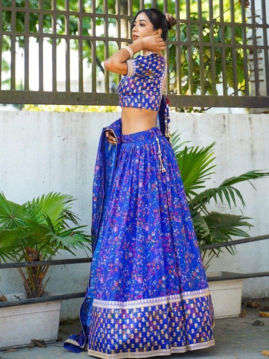 Attractive Royal Blue Floral Printed Organza Reception Lehenga Choli