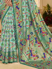 Attractive Sea-Green Ikkat Printed Cotton Office Wear Saree With Blouse