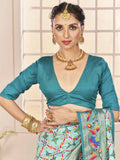 Attractive Sea-Green Ikkat Printed Cotton Office Wear Saree With Blouse