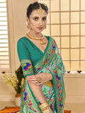 Attractive Sea-Green Ikkat Printed Cotton Office Wear Saree With Blouse