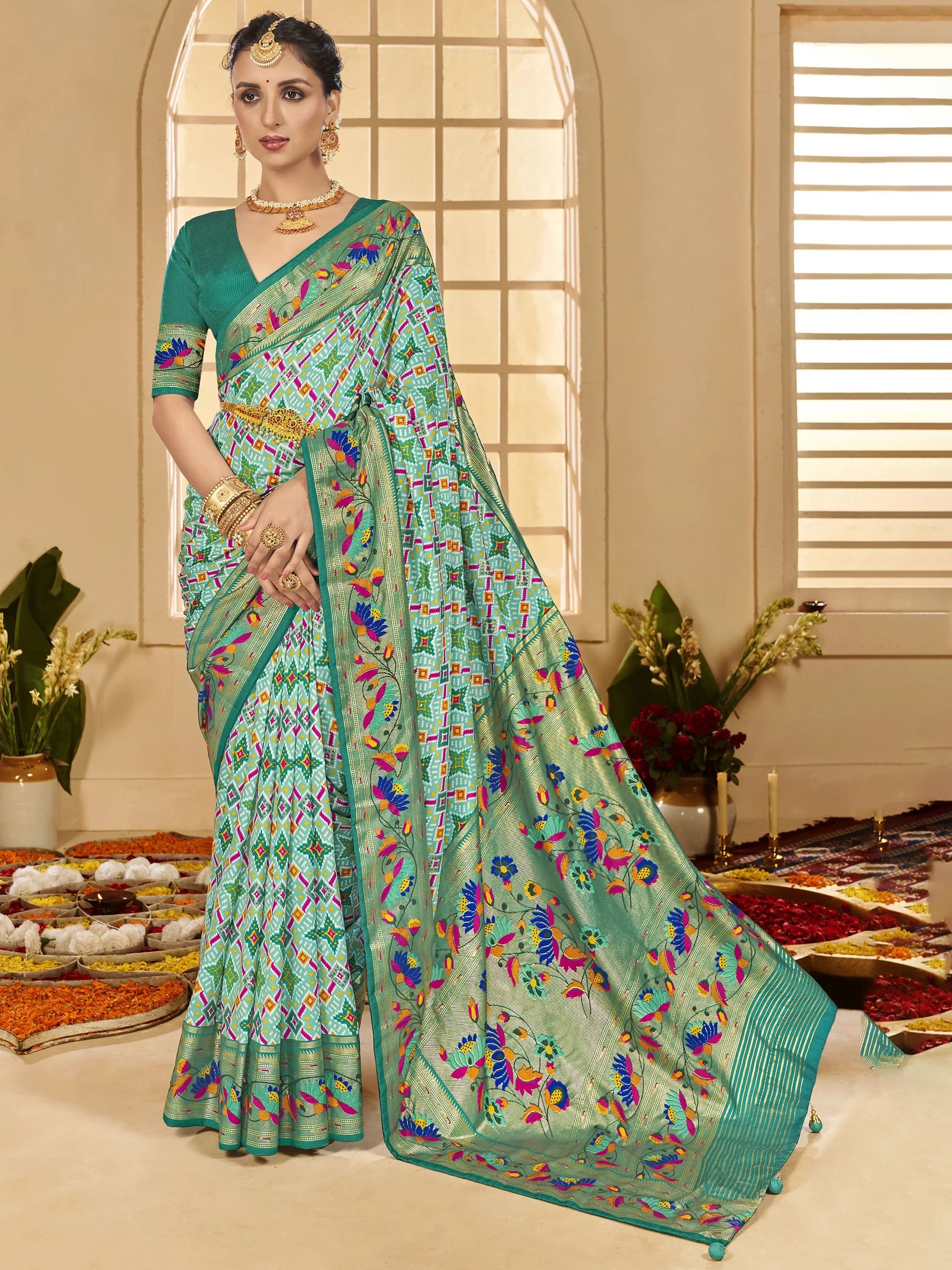 Attractive Sea-Green Ikkat Printed Cotton Office Wear Saree With Blouse