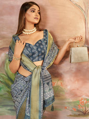 Attractive Slate Grey Printed Dola Silk Casual Wear Saree With Blouse