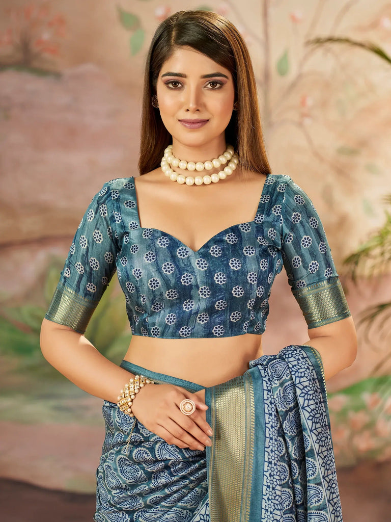 Attractive Slate Grey Printed Dola Silk Casual Wear Saree With Blouse