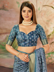 Attractive Slate Grey Printed Dola Silk Casual Wear Saree With Blouse