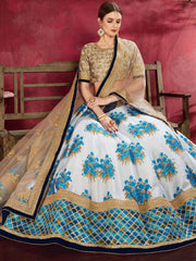 Attractive White Floral Print Banglori Silk Wedding Lehenga Choli