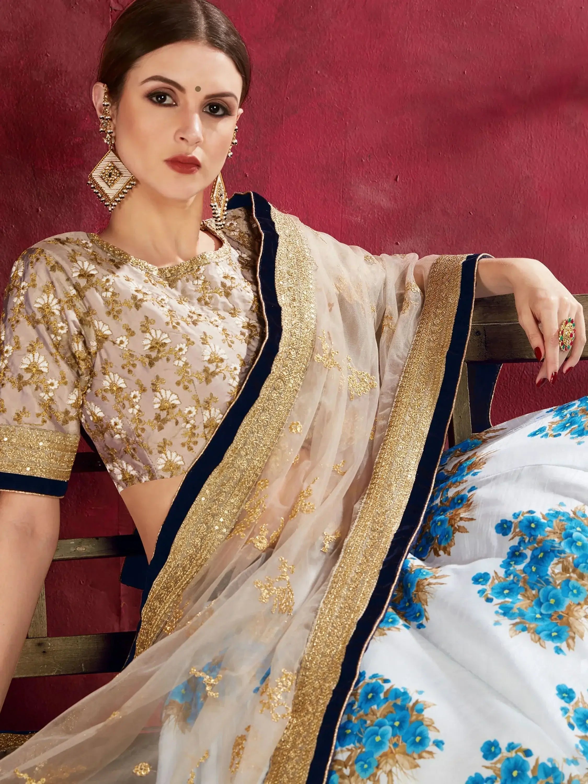Attractive White Floral Print Banglori Silk Wedding Lehenga Choli