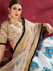 Attractive White Floral Print Banglori Silk Wedding Lehenga Choli