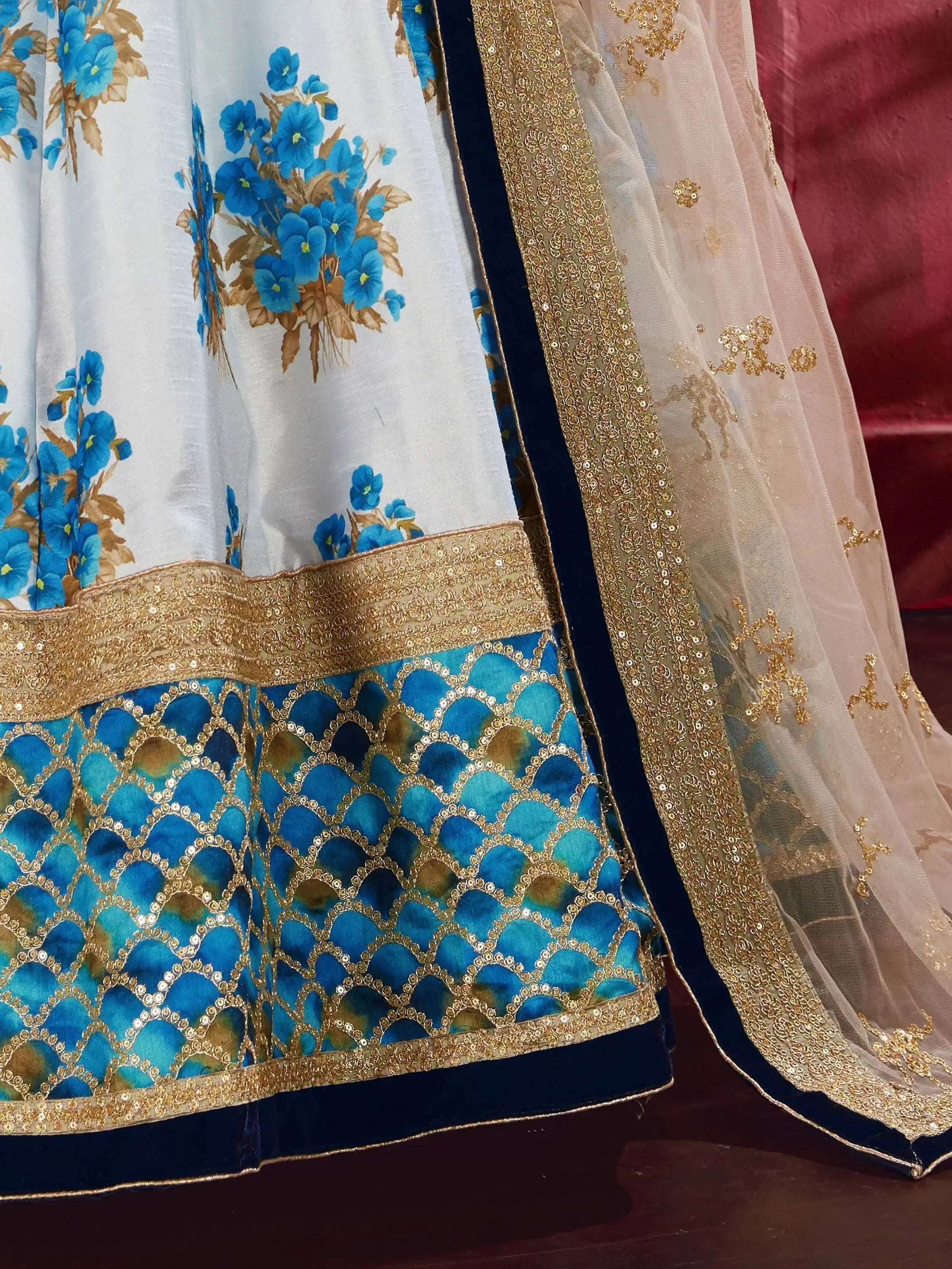Attractive White Floral Print Banglori Silk Wedding Lehenga Choli