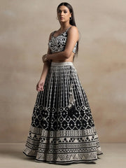 Awesome Black Thread Work Georgette Reception Wear Lehenga Choli - Ethnic Plus In