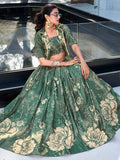 Awesome Bottle Green Floral Print Tussar Silk Crop Top Lehenga With Jacket - Ethnic Plus In
