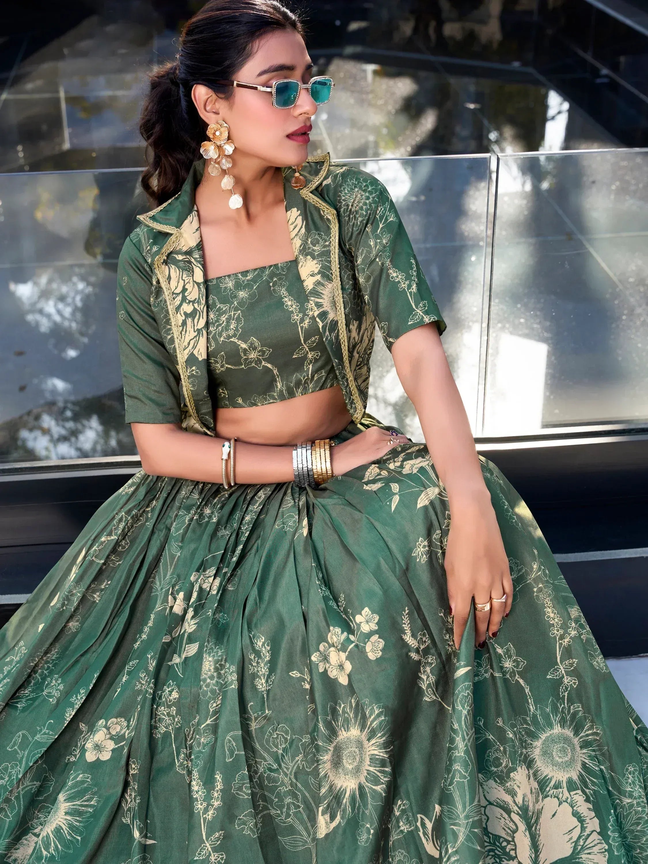 Green floral lehenga choli with gold embroidery, perfect for ethnic occasions