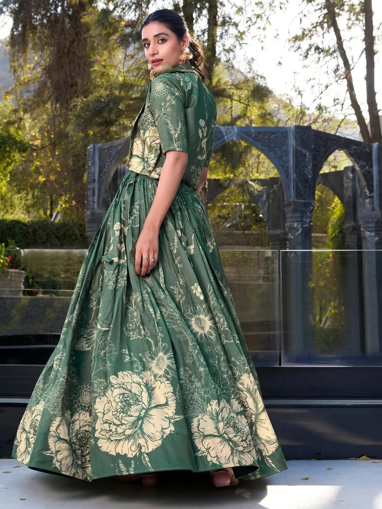 Awesome Bottle Green Floral Print Tussar Silk Crop Top Lehenga With Jacket - Ethnic Plus In