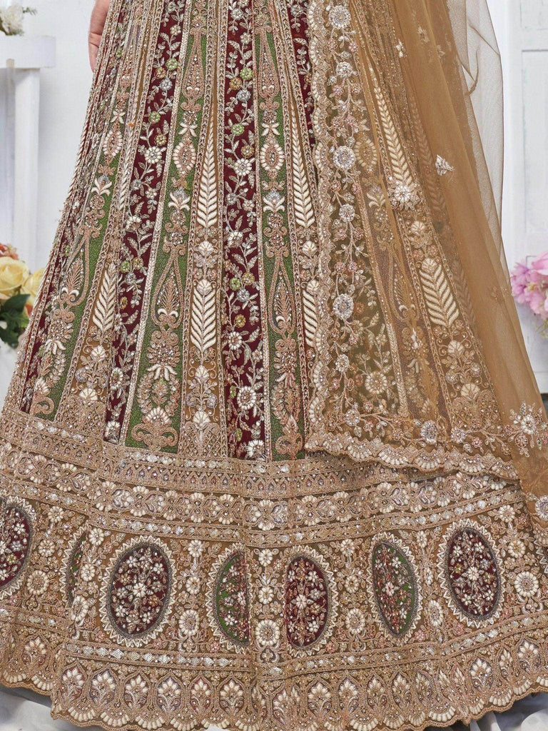 Awesome Brown Embroidered Net Wedding Wear Lehenga Choli - Ethnic Plus In