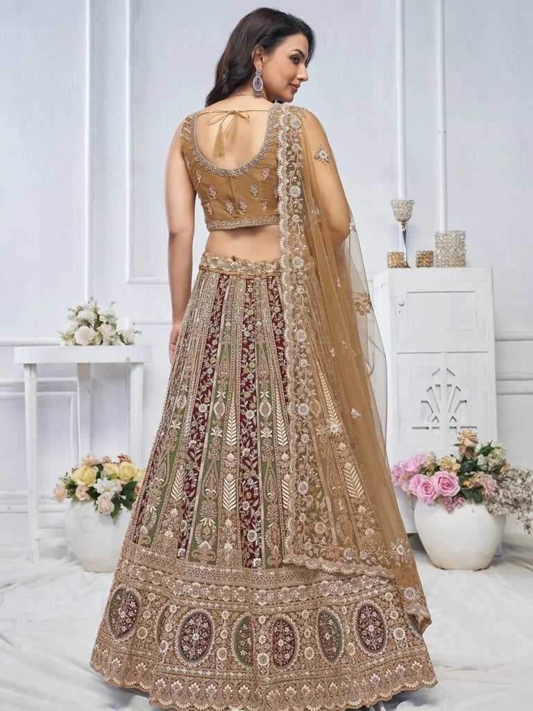 Awesome Brown Embroidered Net Wedding Wear Lehenga Choli - Ethnic Plus In