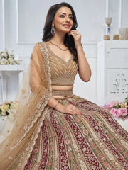 Awesome Brown Embroidered Net Wedding Wear Lehenga Choli - Ethnic Plus In