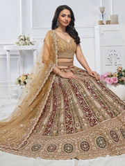 Awesome Brown Embroidered Net Wedding Wear Lehenga Choli - Ethnic Plus In