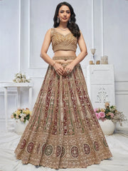 Awesome Brown Embroidered Net Wedding Wear Lehenga Choli - Ethnic Plus In