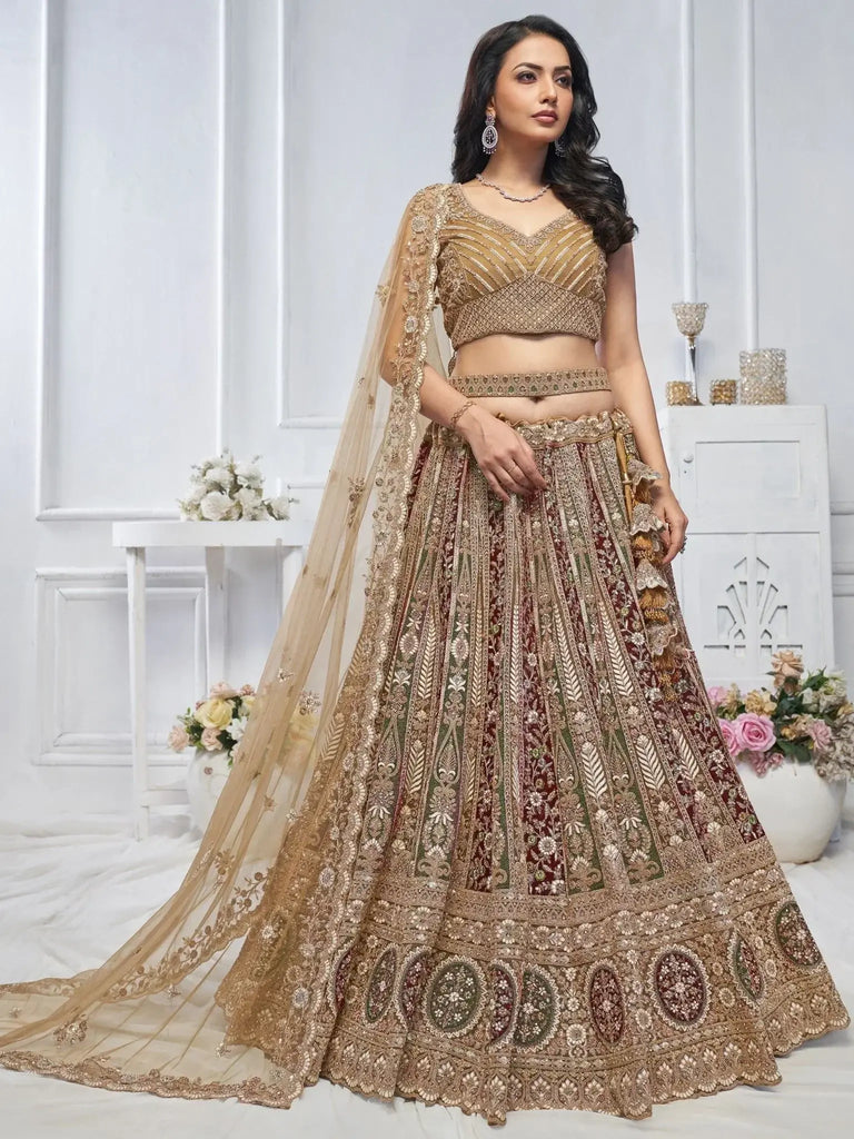 Awesome Brown Embroidered Net Wedding Wear Lehenga Choli - Ethnic Plus In