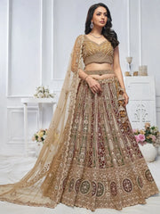 Awesome Brown Embroidered Net Wedding Wear Lehenga Choli - Ethnic Plus In