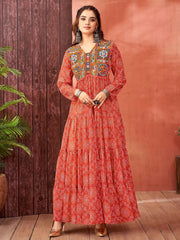 Awesome Coral Red Bandhani Printed Navratri Wear Gown - Ethnic Plus In